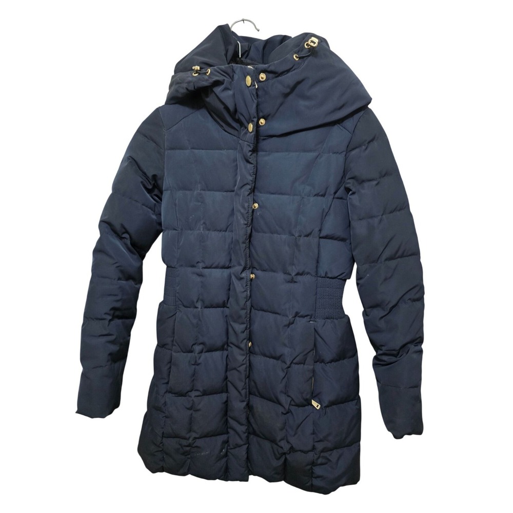 Cole Haan Women's PXS Navy Quilted Long Puffer Coat Detachable Hood Gold Elastic